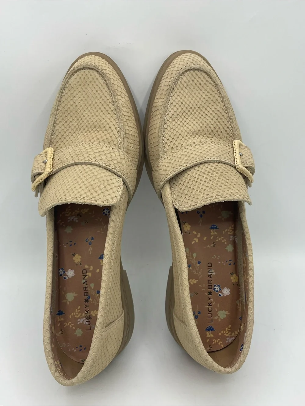 Lucky Brand Ryder’s Snake Embossed Leather Beige Textured Buckle Loafers